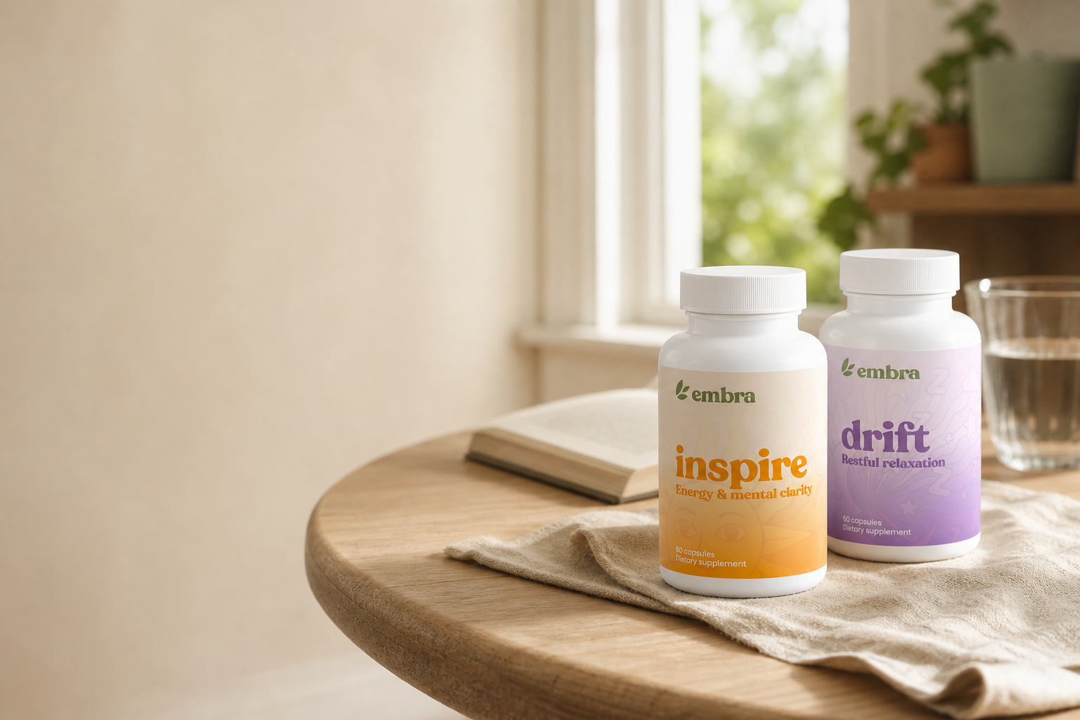 Embra inspire and drift bottles in warm morning light